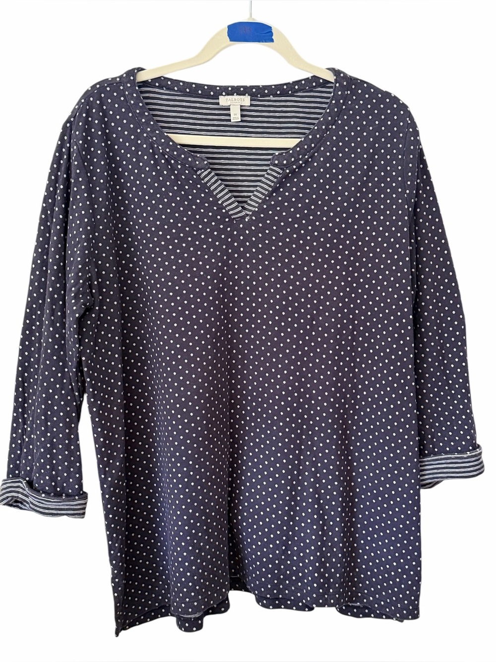 Talbots Plus Navy White Polka Dot Knit Top 1X Split Neck Roll Tab Sleeve